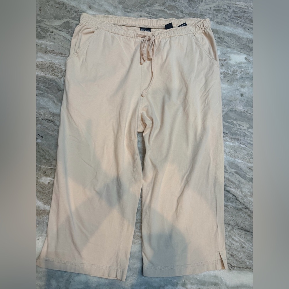 Erika Petite Medium Beige Drawstring Capri Pants Elastic Waist Casual